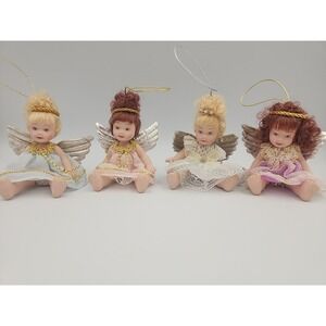 Vintage Porcelain Doll Figure Angel Set Ornaments, 4 Ornaments